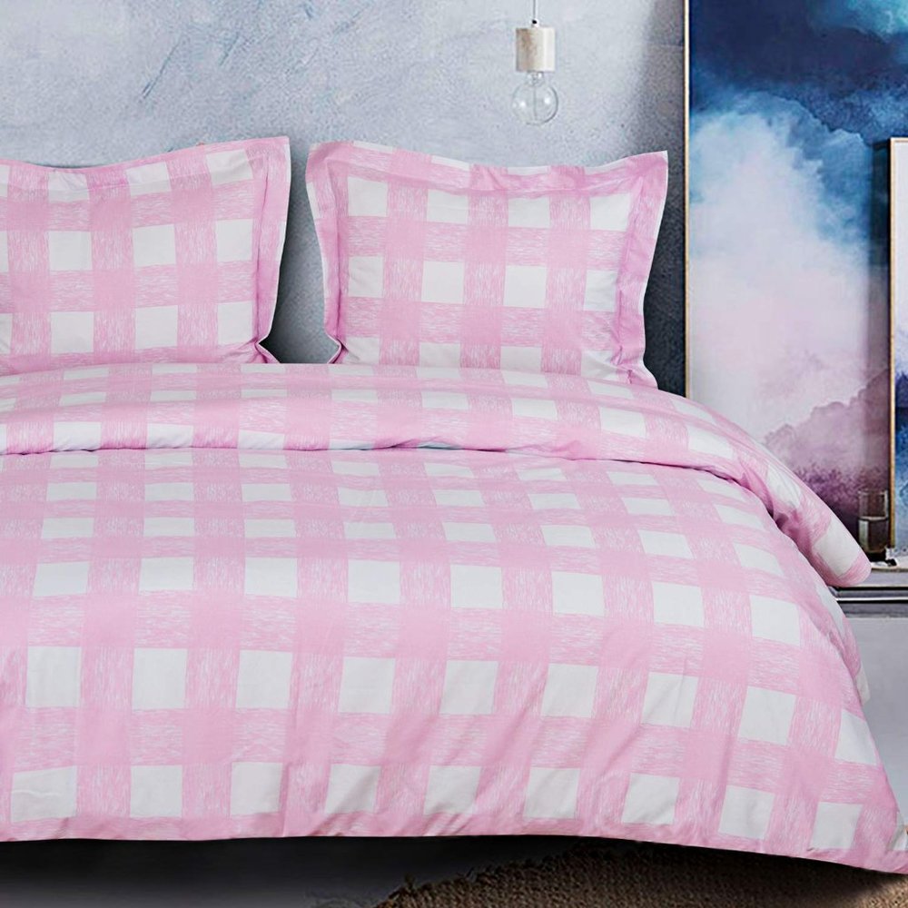 3 Pcs Queen Microfiber Duvet Cover Set, Pink Grid